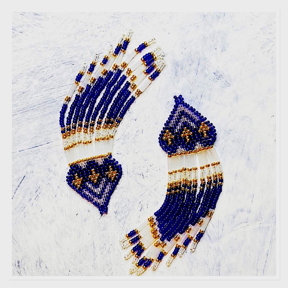 Blue beaded fringe earrings